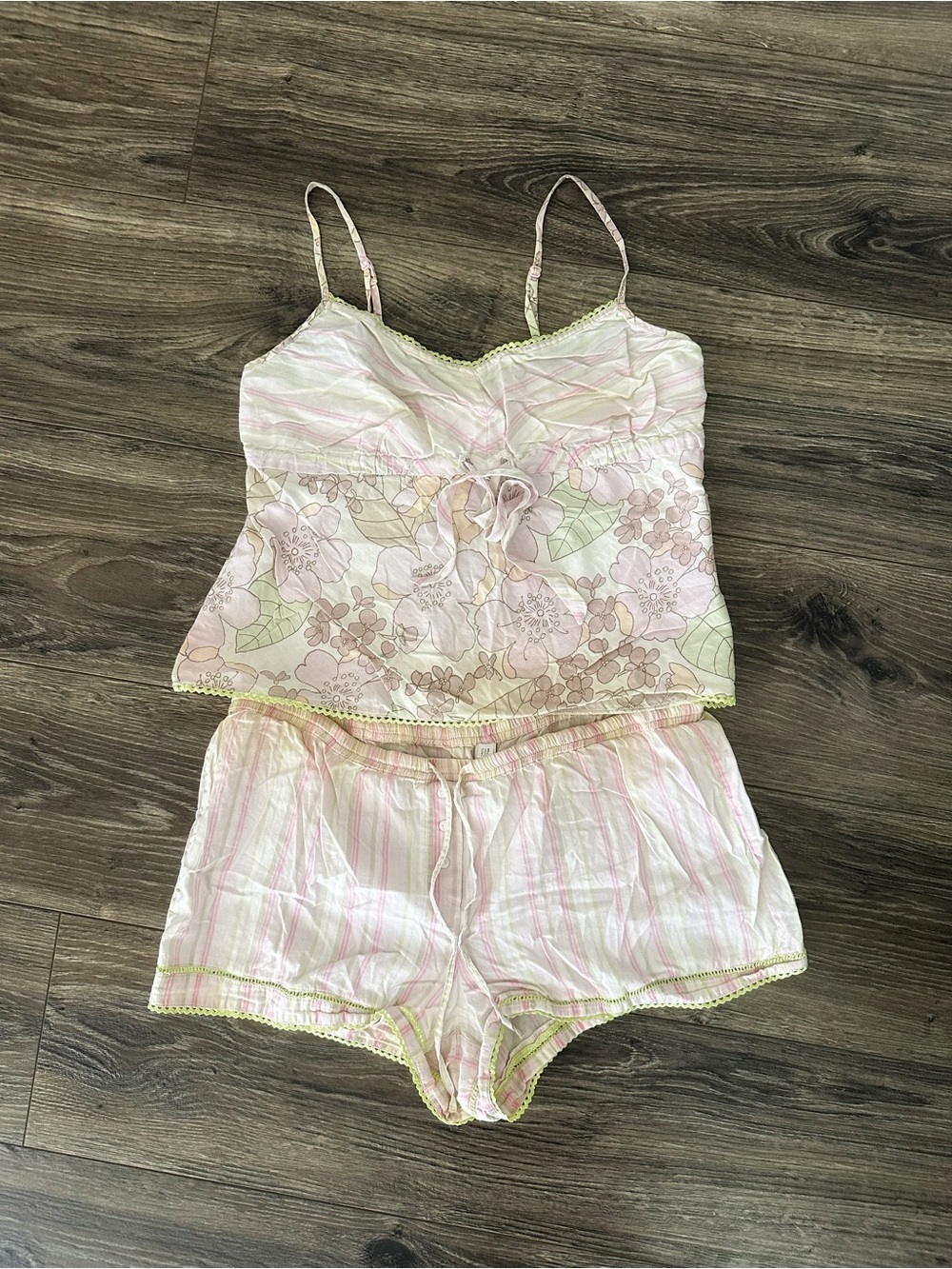 Soft Pink Floral Cami & Shorts Pajama Set with Green Trim